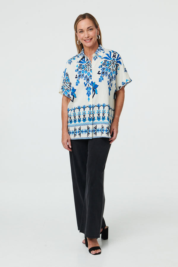 Blue | Floral 1/2 Sleeve Relaxed Shirt