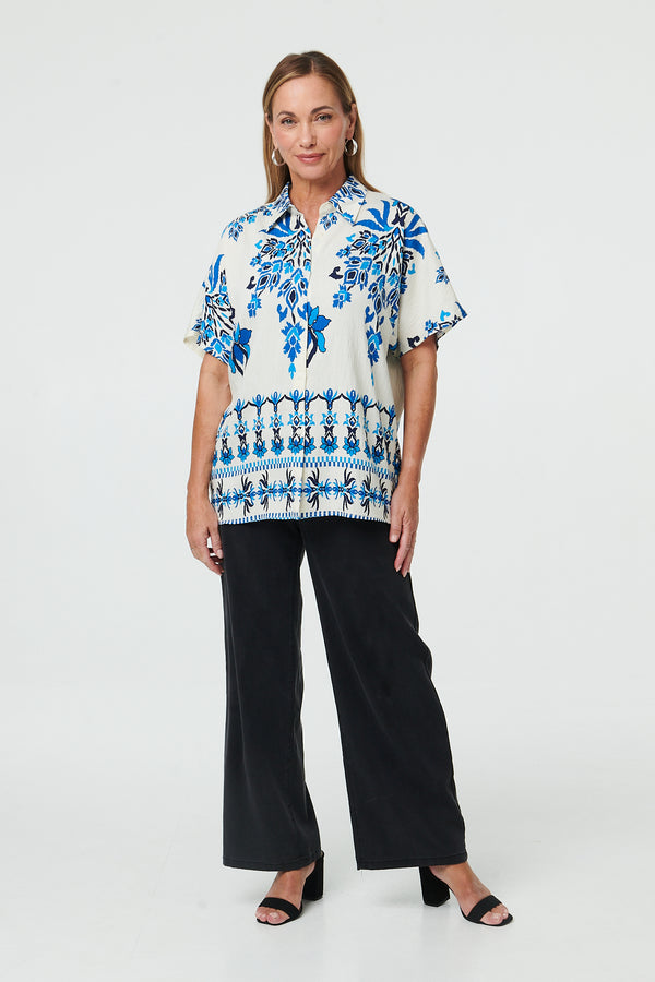 Blue | Floral 1/2 Sleeve Relaxed Shirt