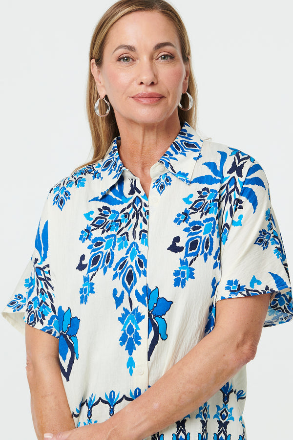 Blue | Floral 1/2 Sleeve Relaxed Shirt