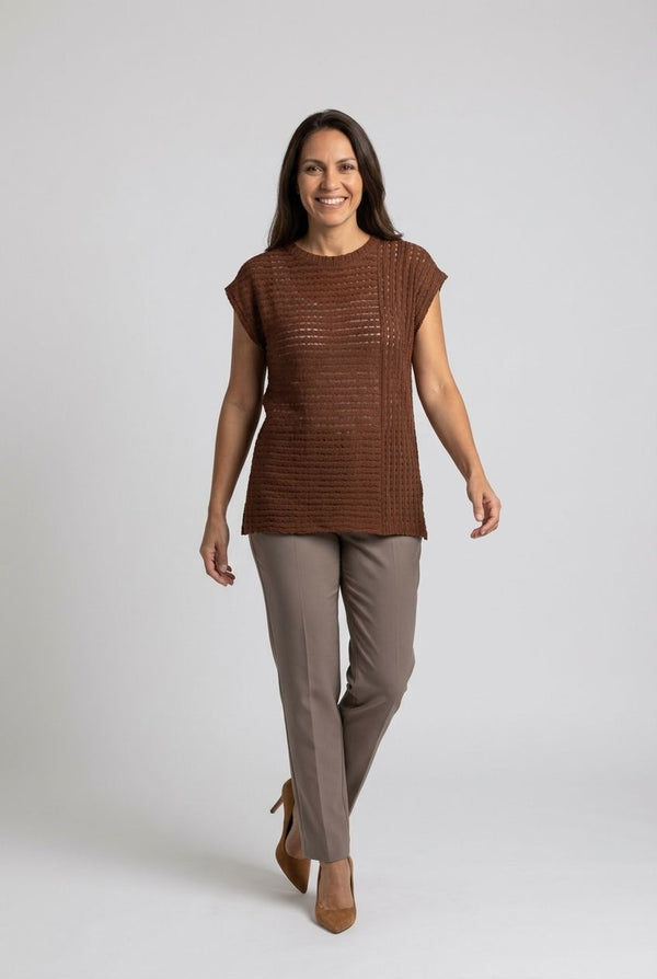 Brown | Sheer Mesh Texture Cap Sleeve Top