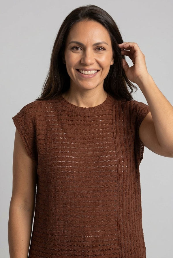 Brown | Sheer Mesh Texture Cap Sleeve Top
