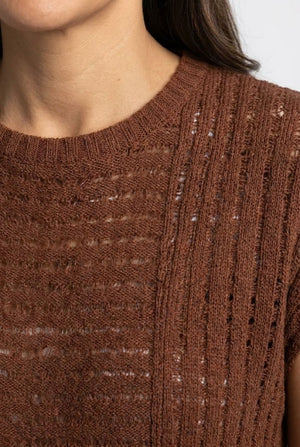 Brown | Sheer Mesh Texture Cap Sleeve Top