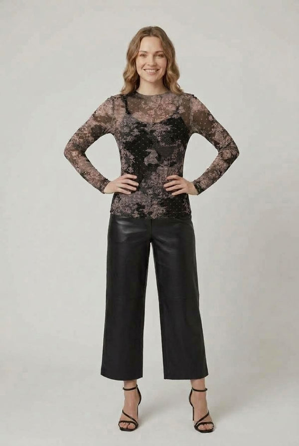 Black | Printed Slim Fit Long Sleeve Top