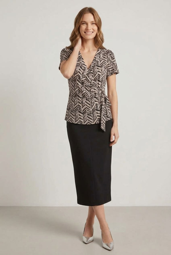 Grey | Abstract Short Sleeve Faux Wrap Top