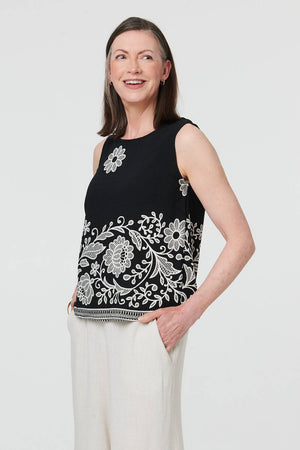 Black | Embroidered Border Sleeveless Vest Top