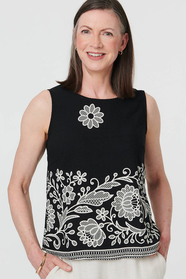 Black | Embroidered Border Sleeveless Vest Top
