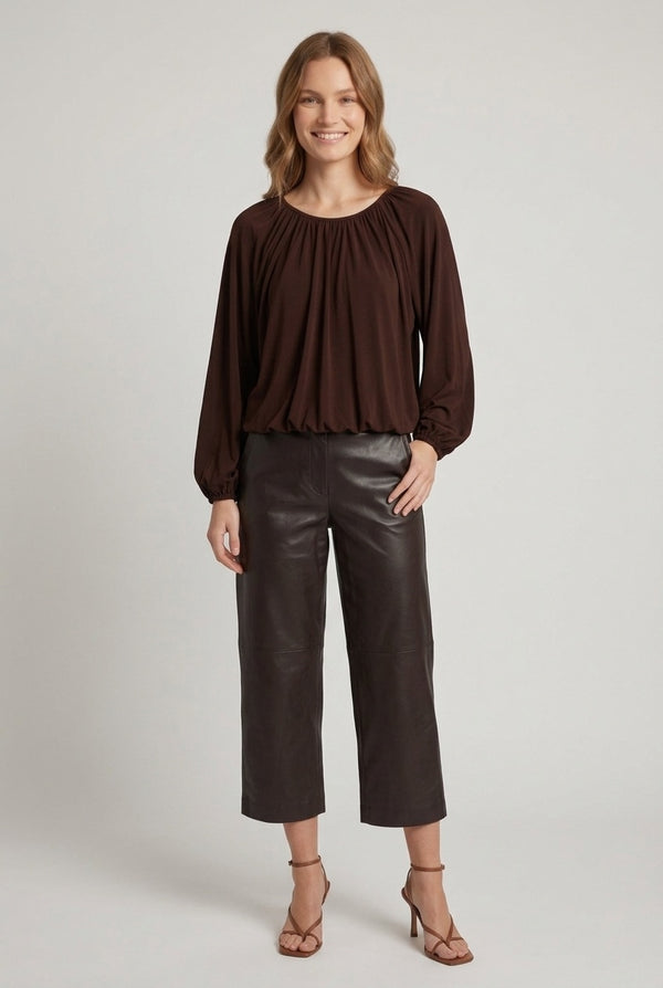 Brown | Relaxed Bubble Hem Long Sleeve Blouse