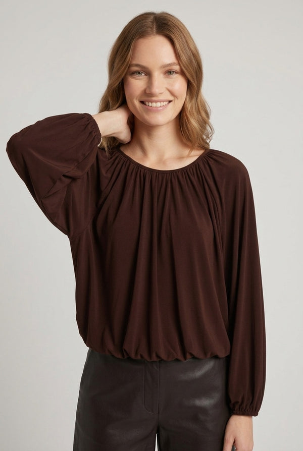 Brown | Relaxed Bubble Hem Long Sleeve Blouse