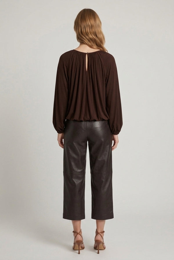 Brown | Relaxed Bubble Hem Long Sleeve Blouse