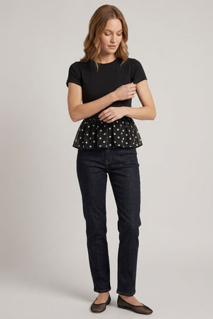 Black | Polka Dot Print Short Sleeve Peplum Top
