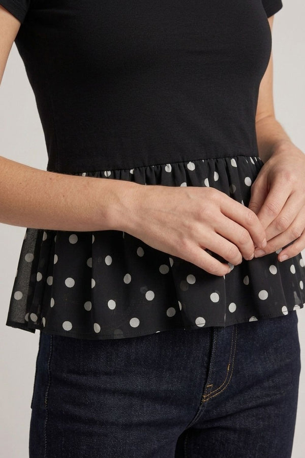 Black | Polka Dot Print Short Sleeve Peplum Top