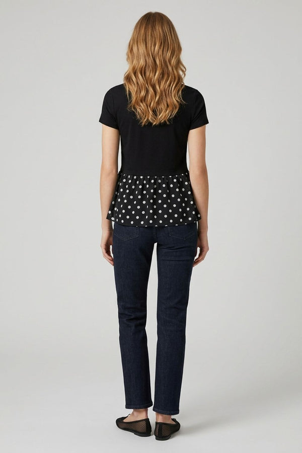 Black | Polka Dot Print Short Sleeve Peplum Top