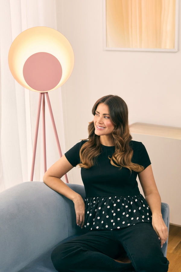 Black | Polka Dot Print Short Sleeve Peplum Top : Model is 5'9"/175 cm and wears UK10/EU38/US6/AUS10