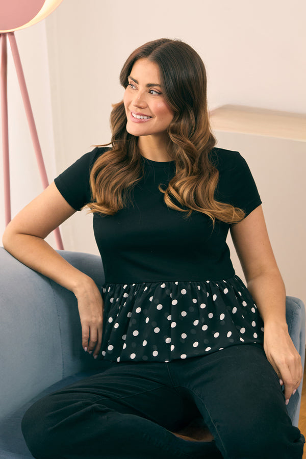 Black | Polka Dot Print Short Sleeve Peplum Top : Model is 5'9"/175 cm and wears UK10/EU38/US6/AUS10