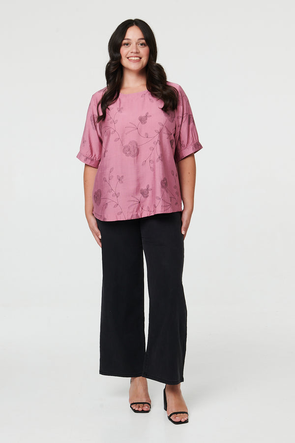 Pink | Curve Floral Short Sleeve Blouse Top
