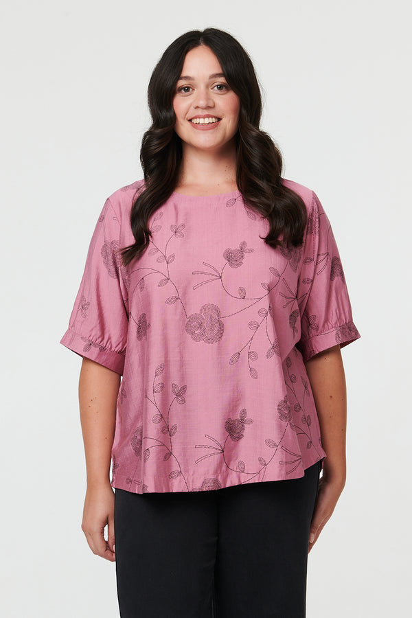 Pink | Curve Floral Short Sleeve Blouse Top
