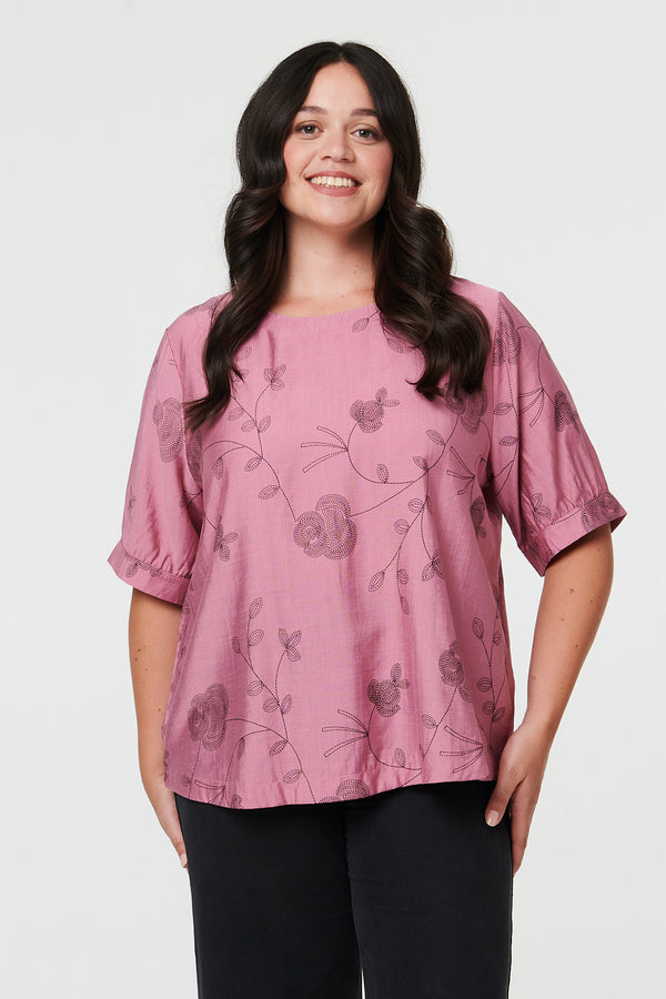 Pink | Curve Floral Short Sleeve Blouse Top
