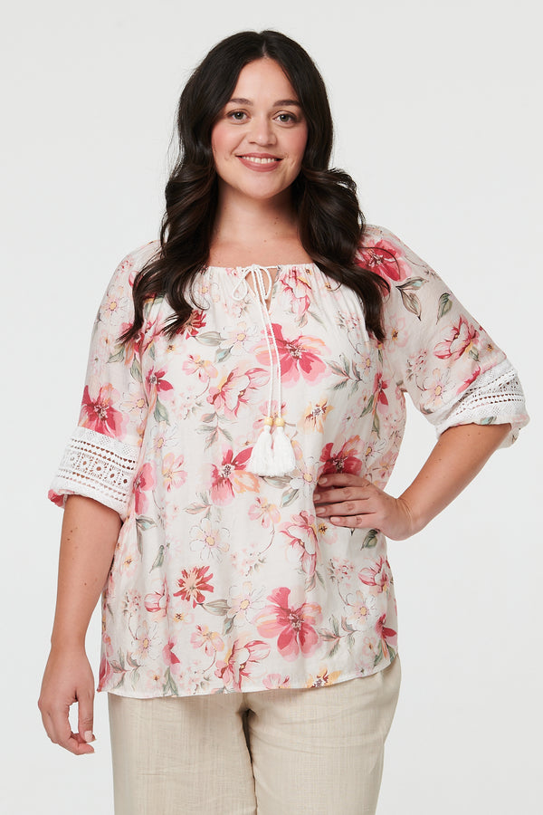 Pink | Curve Floral Lace Bardot Neck Blouse
