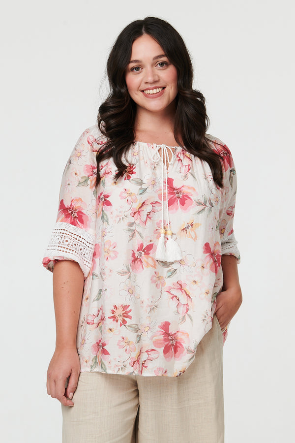 Pink | Curve Floral Lace Bardot Neck Blouse

