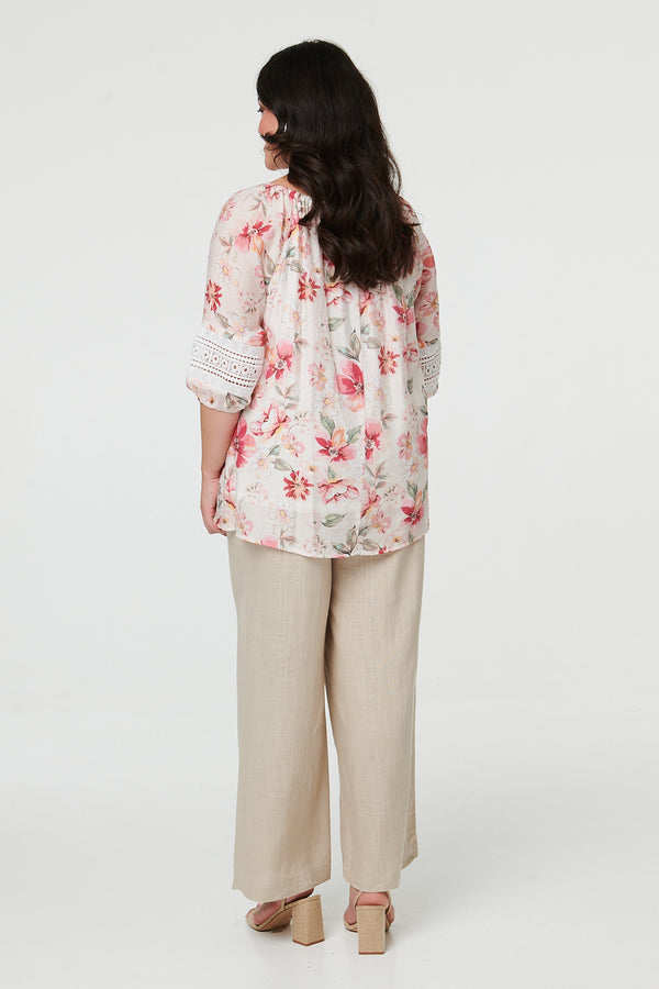 Pink | Curve Floral Lace Bardot Neck Blouse
