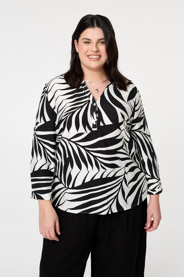 Black | Curve Leaf Print Relaxed Blouse