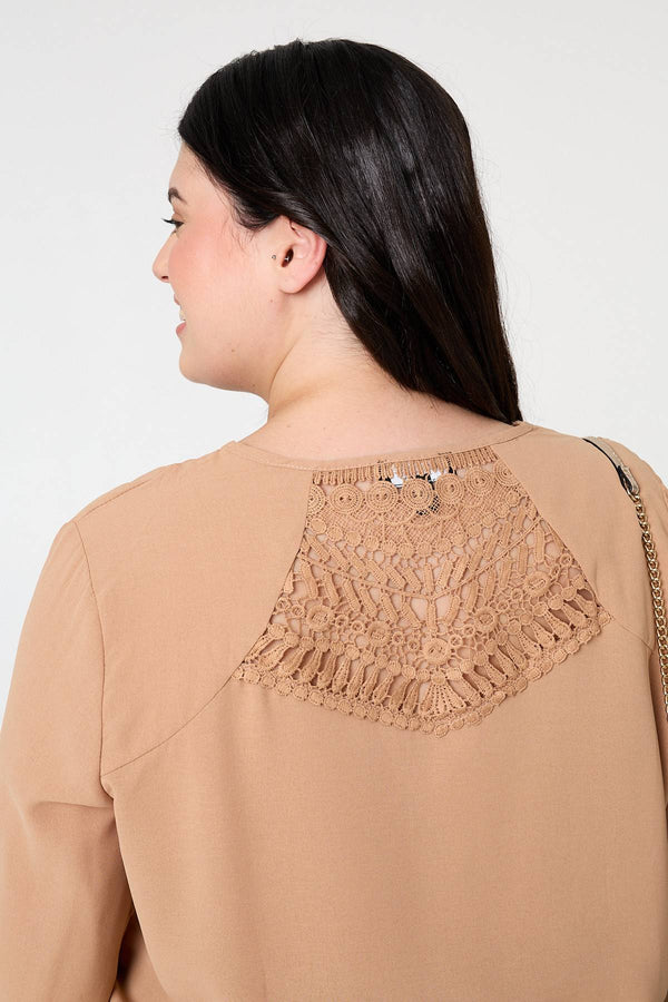 Beige | Curve Lace Back Long Sleeve Relaxed Top