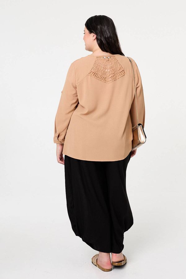 Beige | Curve Lace Back Long Sleeve Relaxed Top
