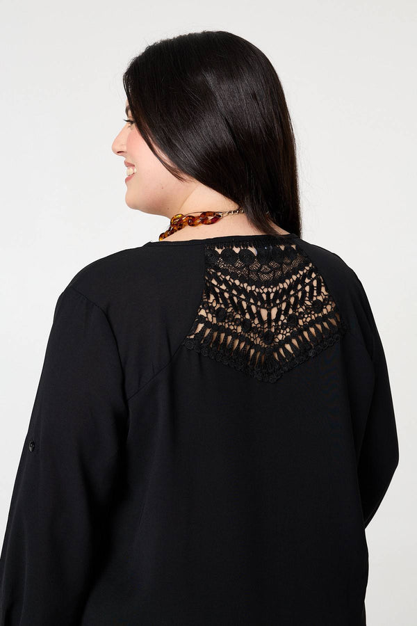 Black | Curve Lace Back Long Sleeve Relaxed Top