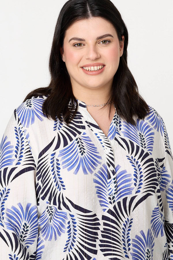 Blue | Curve Printed Turn-Up Sleeve Shirt