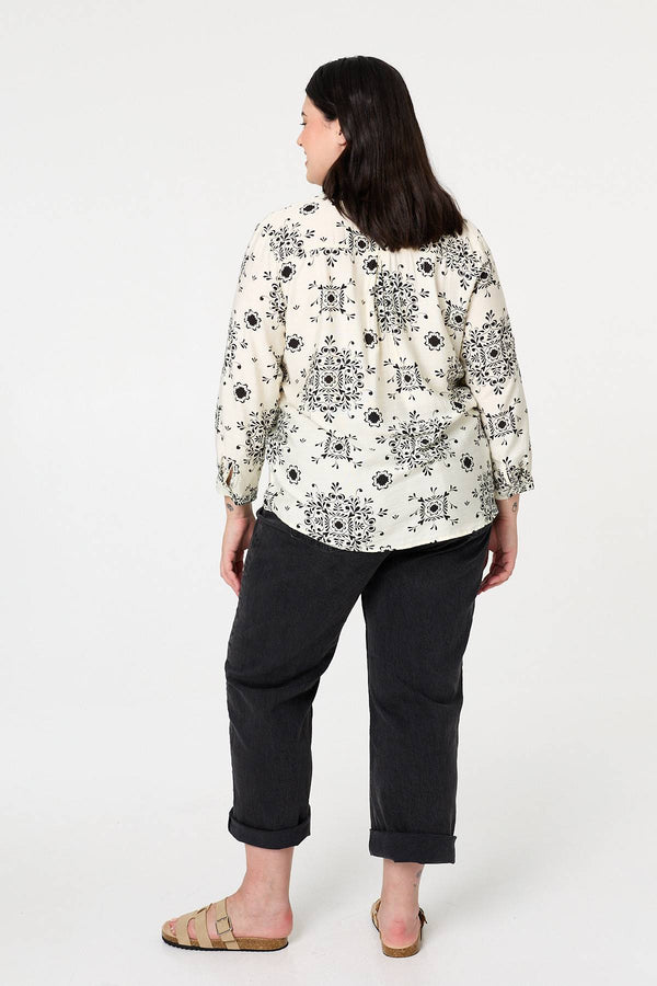 White | Curve Printed Turn-Up Sleeve Blouse