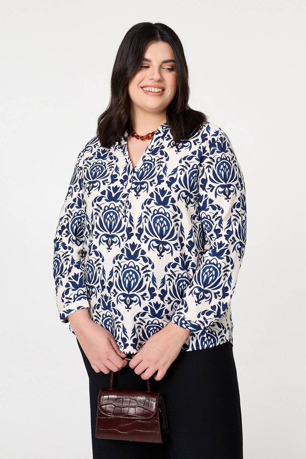 Navy | Curve Baroque Print Relaxed Blouse
