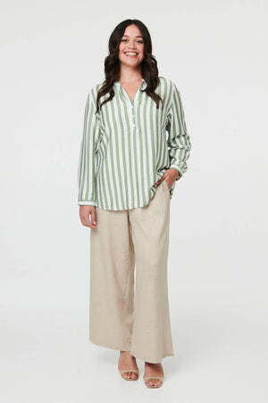 Green | Curve Striped Relaxed Long Sleeve Blouse