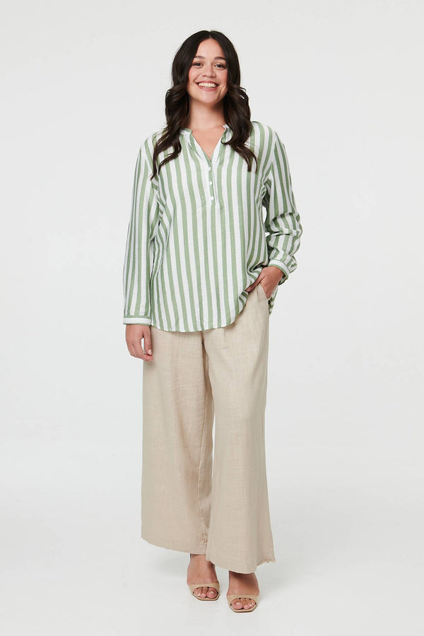 Green | Curve Striped Relaxed Long Sleeve Blouse