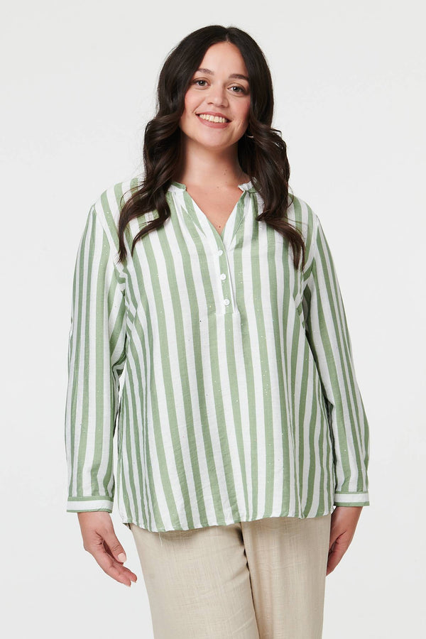 Green | Curve Striped Relaxed Long Sleeve Blouse