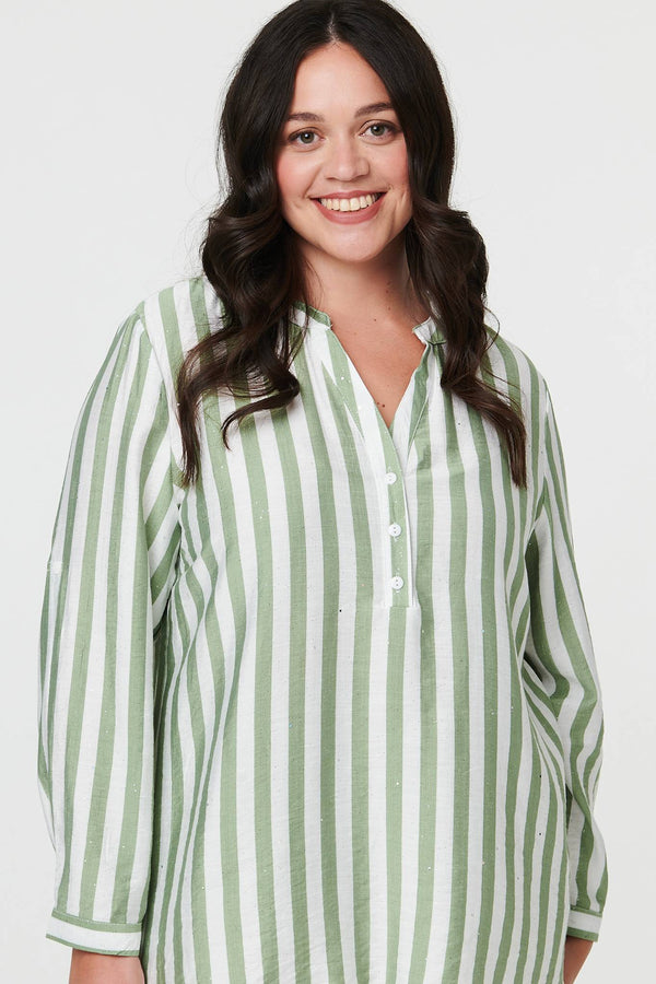 Green | Curve Striped Relaxed Long Sleeve Blouse