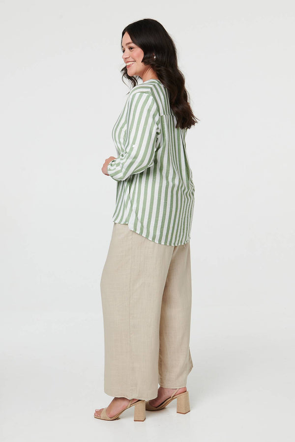 Green | Curve Striped Relaxed Long Sleeve Blouse
