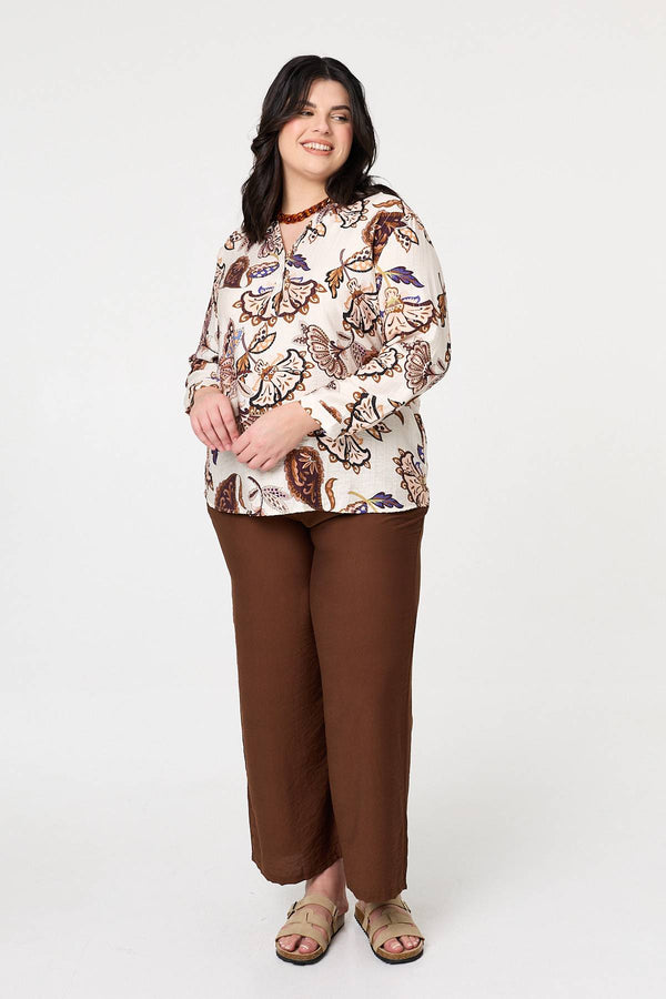 Red | Curve Floral Turn-Up Sleeve Blouse
