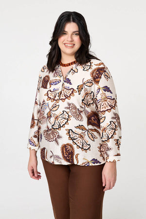 Red | Curve Floral Turn-Up Sleeve Blouse