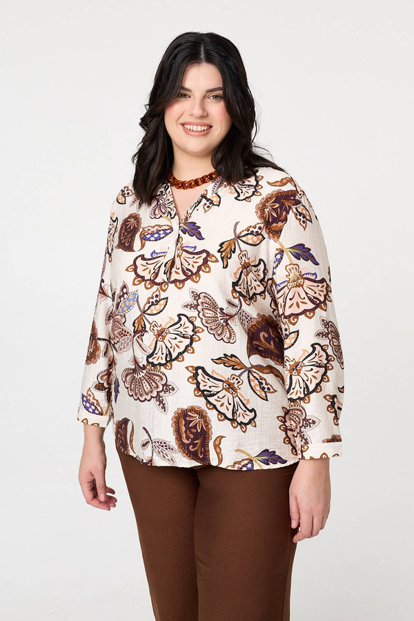 Red | Curve Floral Turn-Up Sleeve Blouse