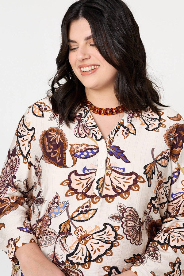 Red | Curve Floral Turn-Up Sleeve Blouse
