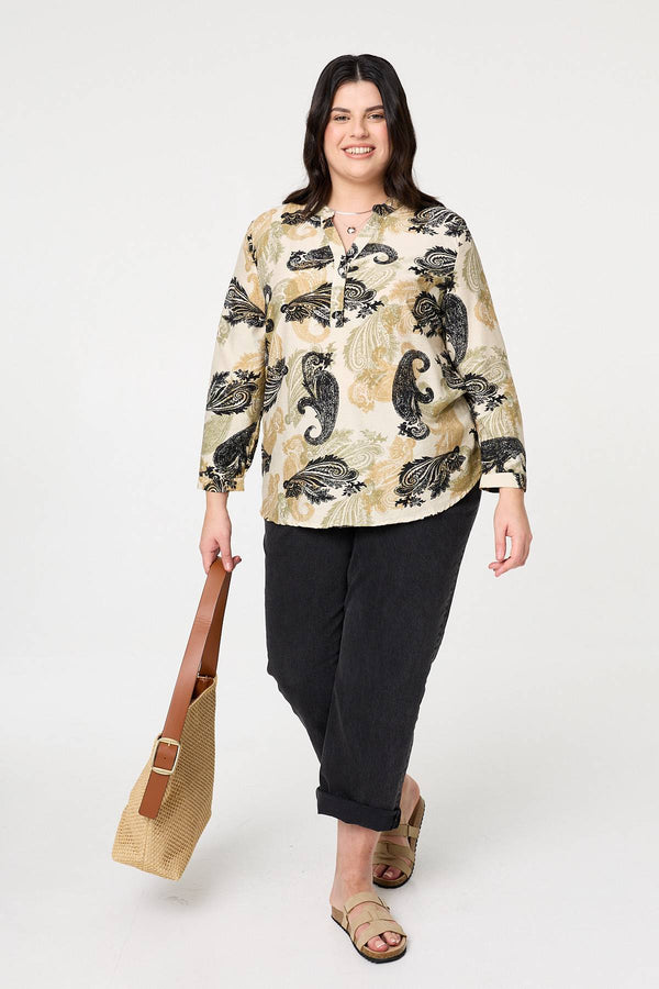 Green | Curve Paisley Print Turn-Up Sleeve Shirt