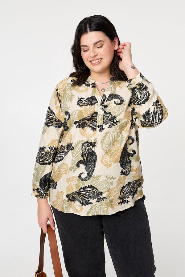 Green | Curve Paisley Print Turn-Up Sleeve Shirt