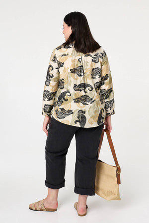 Green | Curve Paisley Print Turn-Up Sleeve Shirt
