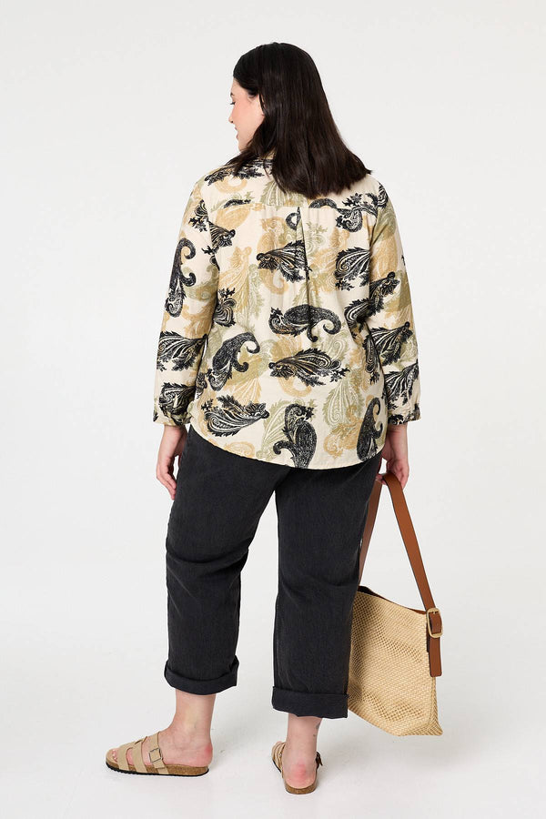 Green | Curve Paisley Print Turn-Up Sleeve Shirt