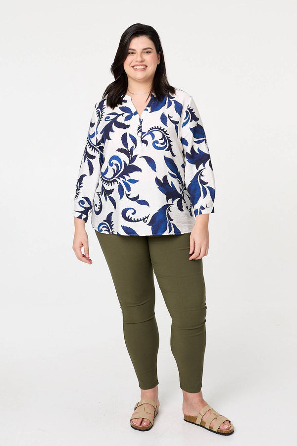 Blue | Curve Printed Long Sleeve Blouse