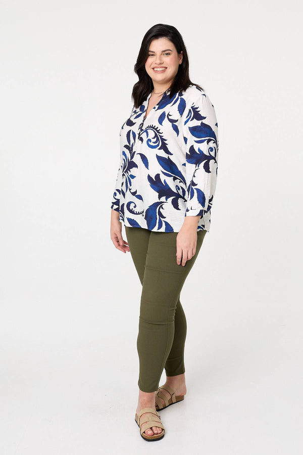 Blue | Curve Printed Long Sleeve Blouse