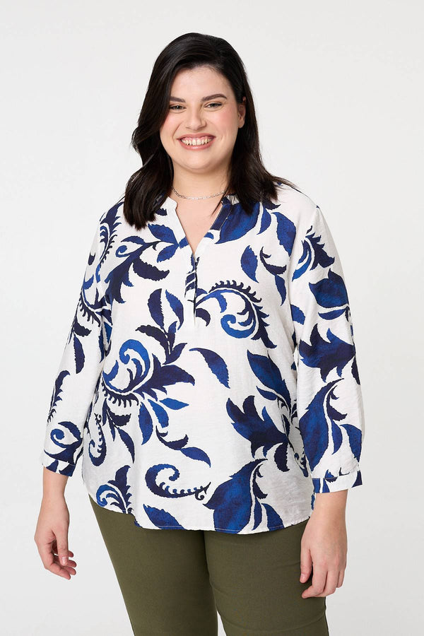 Blue | Curve Printed Long Sleeve Blouse