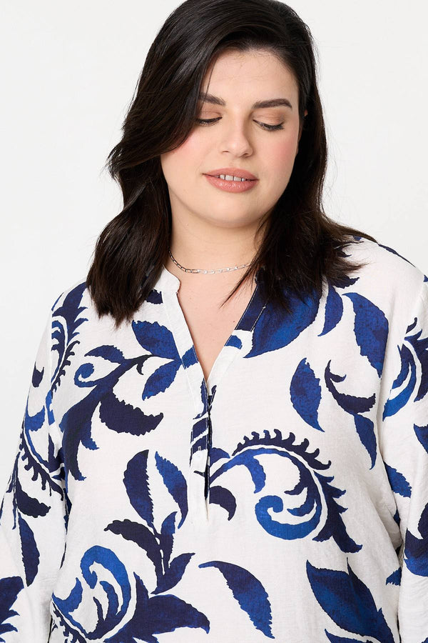 Blue | Curve Printed Long Sleeve Blouse