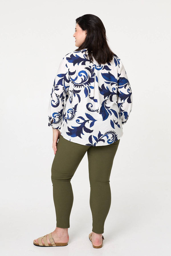Blue | Curve Printed Long Sleeve Blouse
