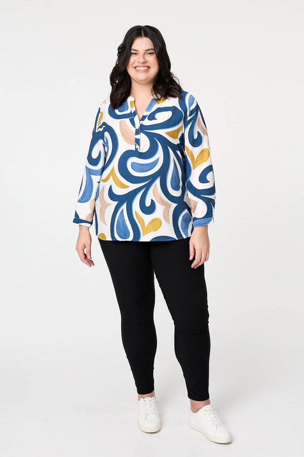 Blue | Curve Abstract Turn-Up Sleeve Blouse